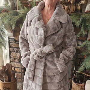 Kenneth Cole Grooved Faux Fur Belted Coat